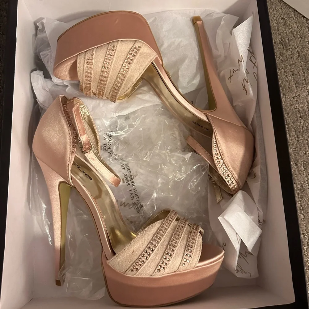 bebe Blush Pink Platform Peep-Toe Ankle Strap Heels